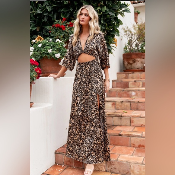 Baltic Born | Morlana Maxi Dress Black Tan Animal Print Slit Cut Out size L NWT - Picture 4 of 16